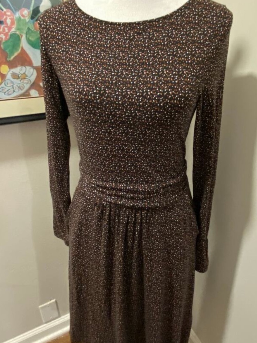 Boden Dark Brown Micro-Dot Print Long Sleeve Midi Dress - Picture 6 of 13